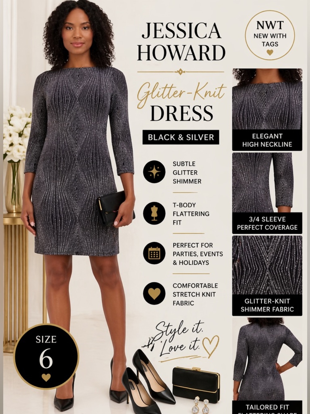 Jessica Howard Black Silver Glitter Sheath Dress NWT 6